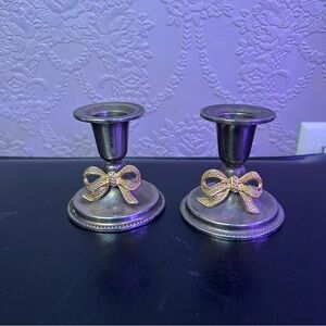 Elegant Silver Candle Holders with Gold Bow Accents Swanski pair